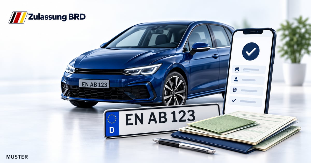 Online Fahrzeugzulassung in Hattingen: Musterkennzeichen EN AB 123, Auto und Fahrzeugpapiere und Smartphone. Illustration mit Logo von Zulassung BRD.